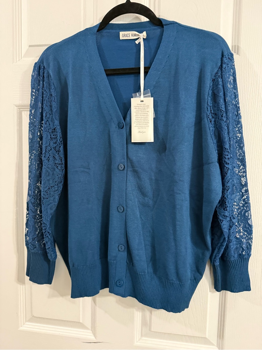 Grace Karin Teal-Blue Lace Sleeve V-Neck Cardigan
